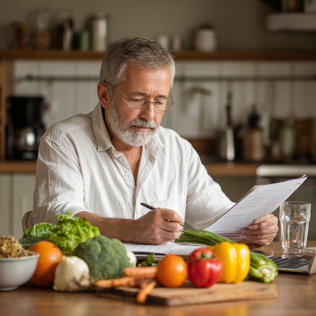Middle-aged adults reviewing healthy meal planning documents at kitchen table