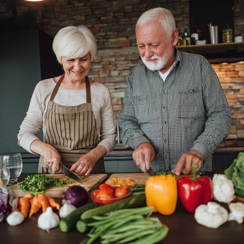 Older adults preparing colorful balanced meals following nalmidor nutrition guidelines